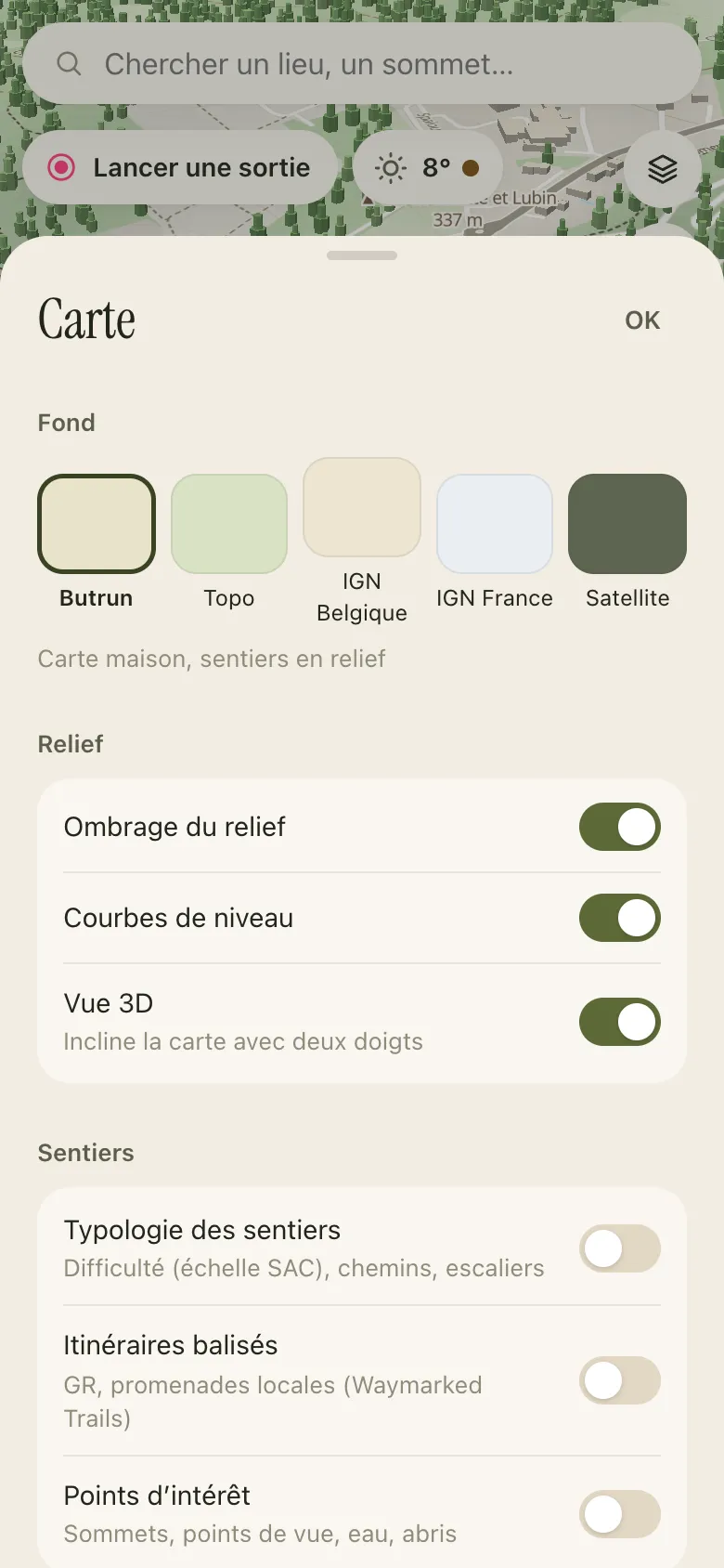Choix des couches de la carte Butrun