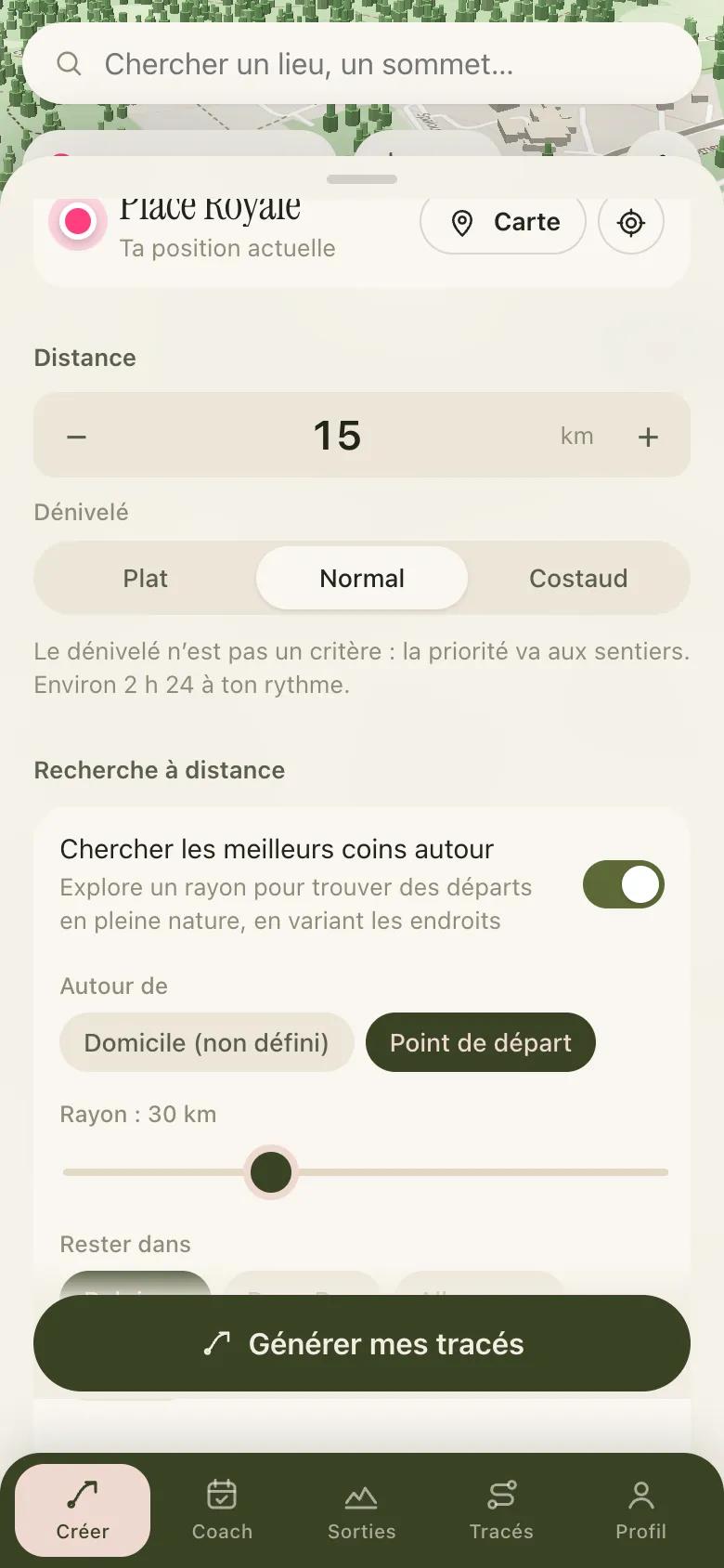 Réglages de la recherche à distance dans Butrun : rayon autour du point de départ