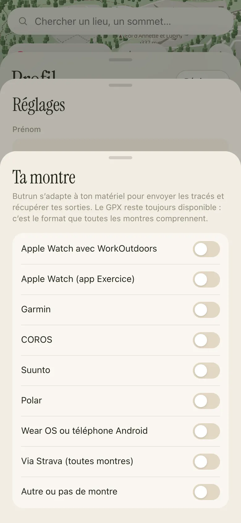 Choix de la montre et export GPX dans Butrun